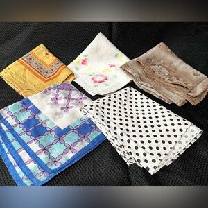 Handkerchiefs Lot of Five~Four are Vintage and One is Modern. Multiple colors.